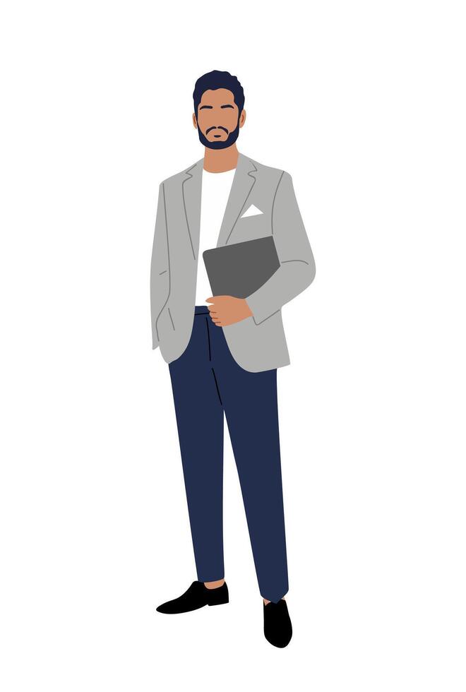 Businessman in casual clothes standing with laptop vector