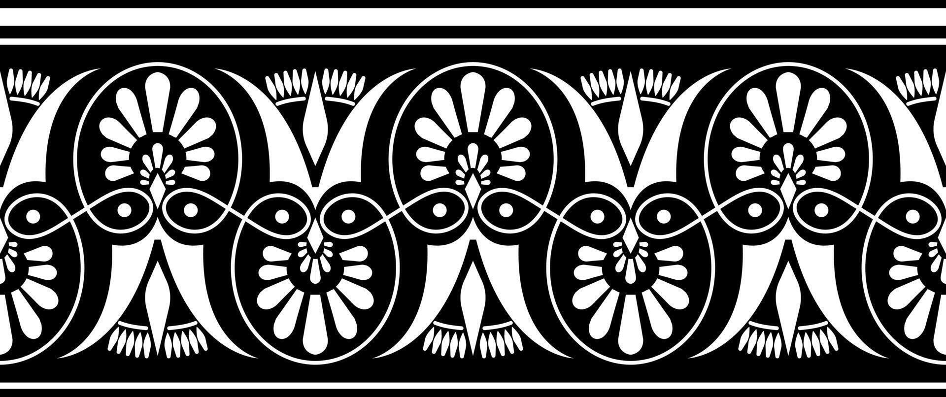 White with black seamless classic greek floral meander ornament. Greek decorative element - Palmette. Endless European pattern. Ancient Greece, Roman Empire. For textile, embroidery, porcelain vector