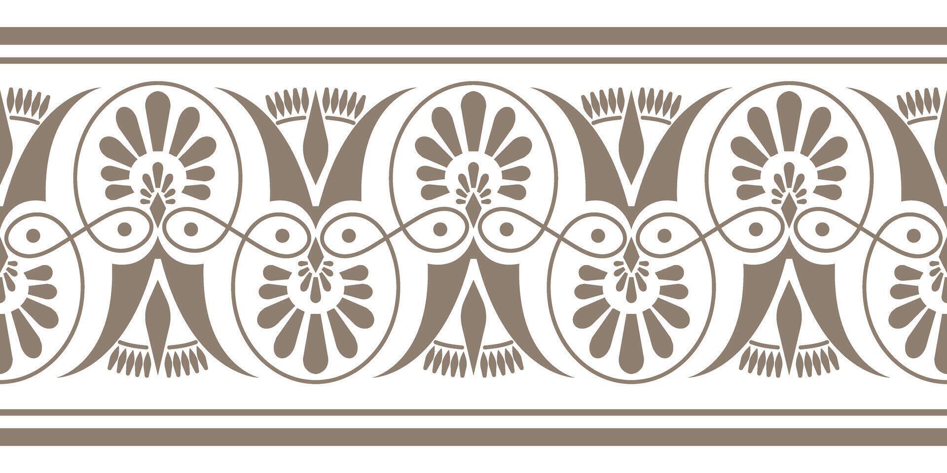 Golden seamless classic greek floral meander ornament. Ancient Greece, Roman Empire. Endless European pattern. Greek decorative element - Palmette. For textile, embroidery, porcelain, engraving vector