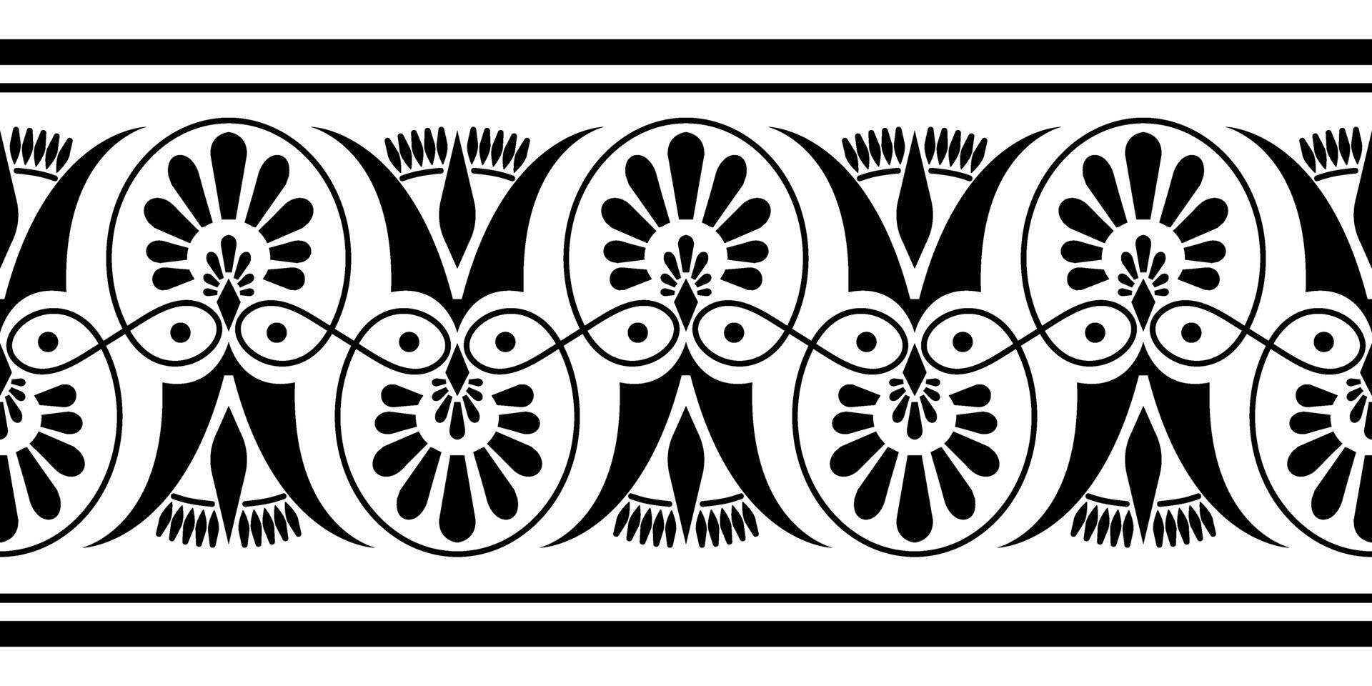 Black and white seamless classic greek floral meander ornament. Greek decorative element - Palmette. Ancient Greece, Roman Empire. Endless European pattern. For textile, embroidery, porcelain vector
