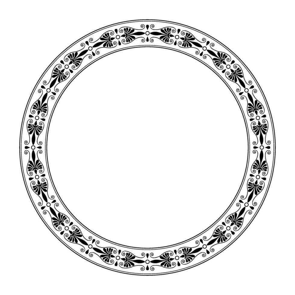 Round classic black european ornament. Typical egyptian, assyrian, greek motives. Round frame Ancient Greece, Roman Empire For textile, embroidery, porcelain. Byzantian Circle. EPS vector