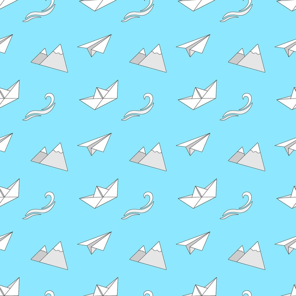 Seamless patterns with linear icons and elements related to travel and leisure. In the origami style. vector