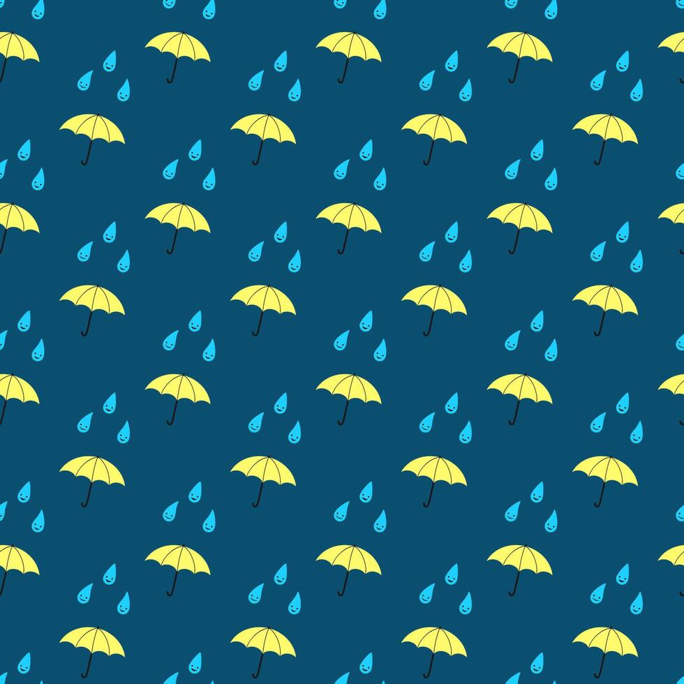 Seamless pattern with colourful umbrellas and cartoon-style raindrops. Colourful background with accessories for rainy weather. vector