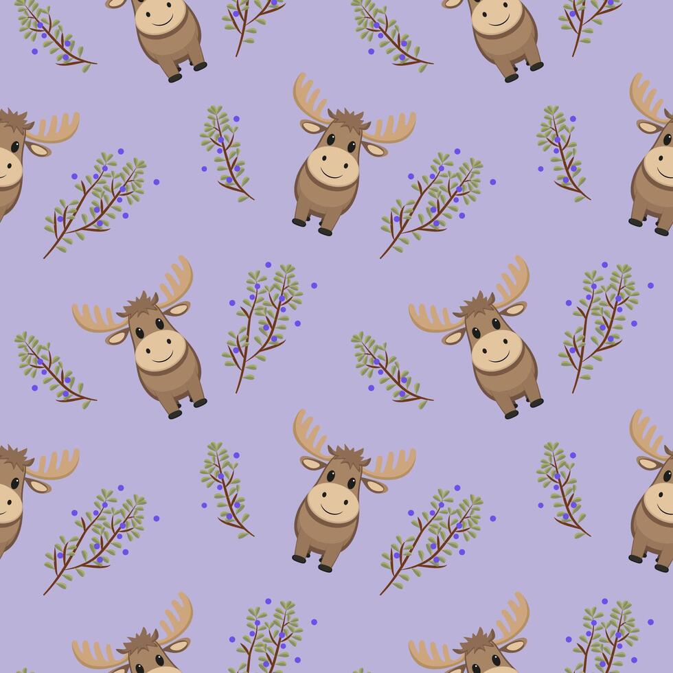 Seamless moose pattern and blueberry bushes. vector