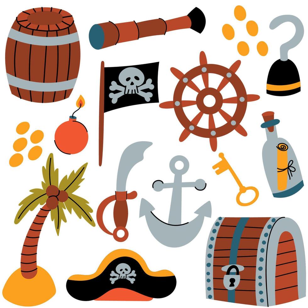 Pirate adventure icon set for kids. Colorful cartoon-style pirate themed icons including treasure, weapons, maps, flags, and nautical elements for playful design use. vector
