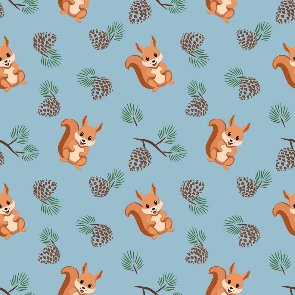 Seamless pattern with a cute squirrel and branches with pine nuts. vector