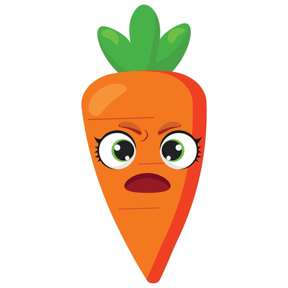 Angry carrot character with expressive face and green top, perfect for emotional food illustrations, kids content or nutrition themes vector