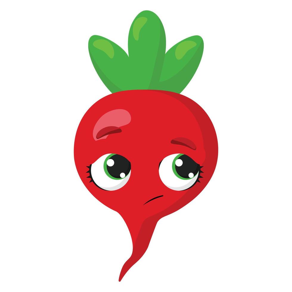 Cute red radish with a sad expression and green leaves Ideal for healthy eating designs, farm projects, organic food promotions, and educational materials vector