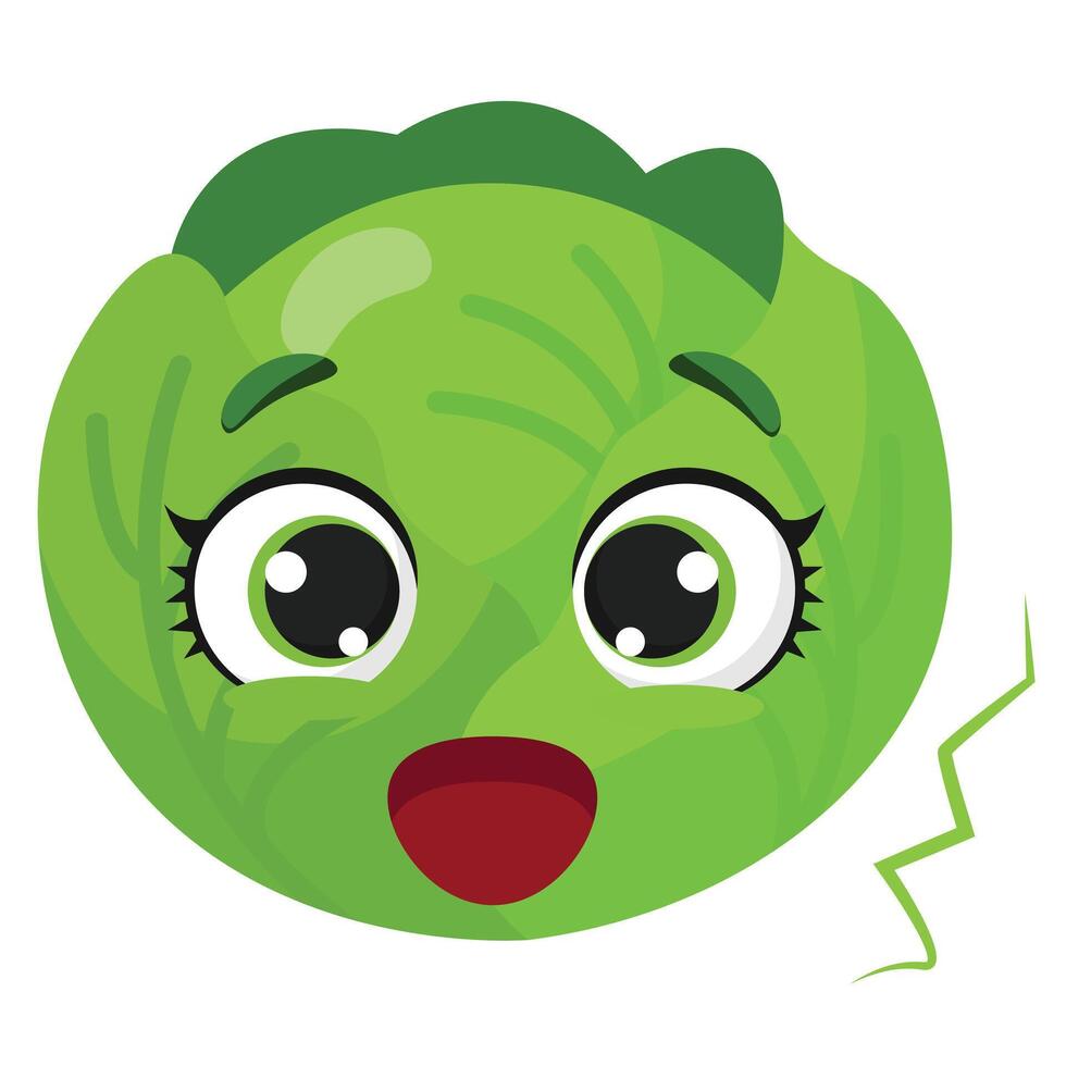 Funny green cabbage head with surprised expression and big eyes Ideal for kids' products, educational visuals, and healthy food projects vector