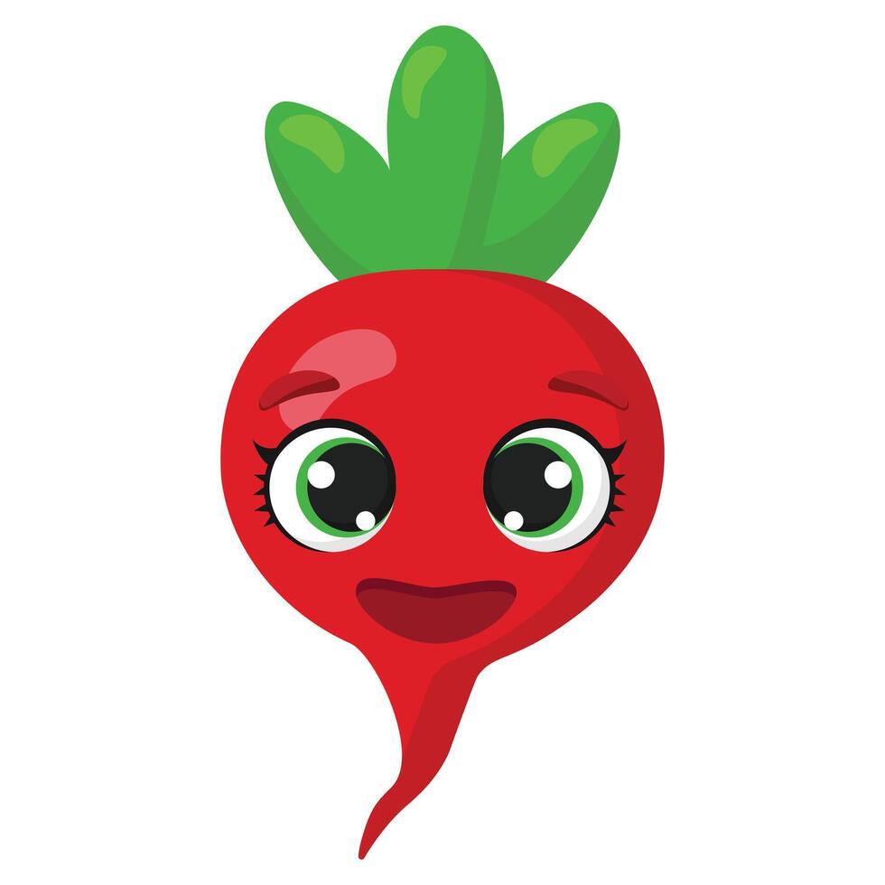 Smiling red radish with big eyes and green leaves Cute and cheerful vegetable character ideal for healthy food designs, educational materials, or farming visuals vector