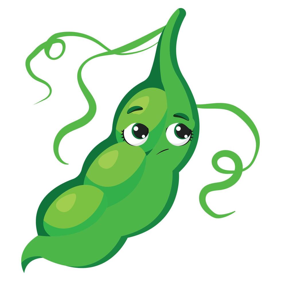 Cute green pea pod with sad face expression Ideal for educational materials, healthy food content, sticker packs, and children's products vector