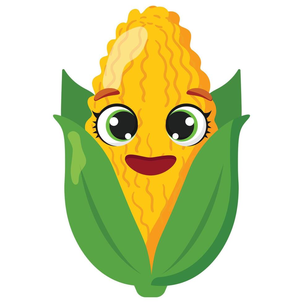 Cute corn with smiling face and bright husk, ideal for food packaging, farming visuals, children's materials, and healthy lifestyle concepts vector