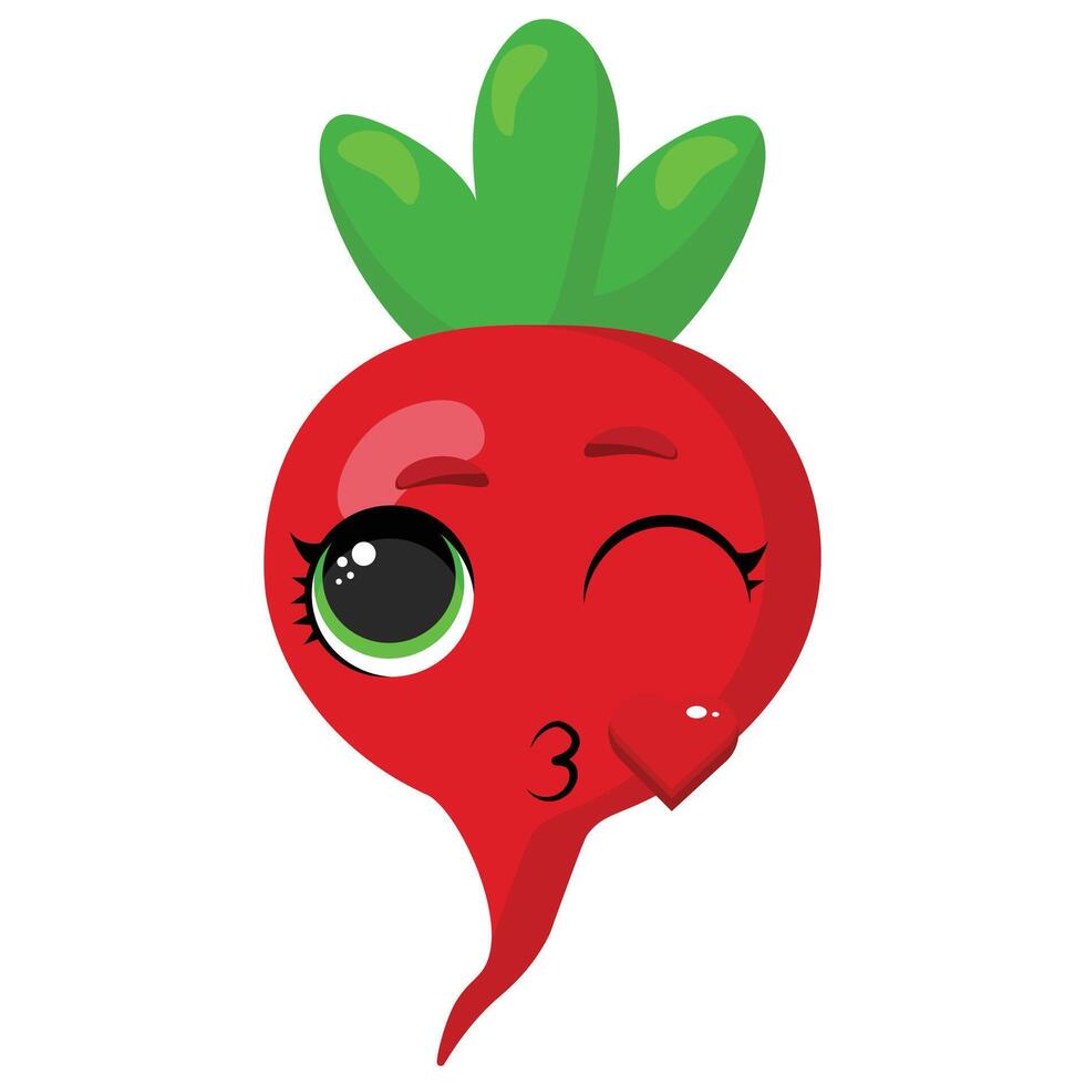 Bright flat illustration of red radish with expressive face and wink Perfect for healthy food designs, packaging, print products, and educational materials vector