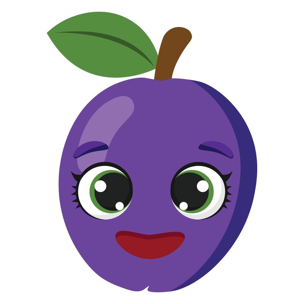 Smiling purple plum with bright eyes and green leaf, packaging, healthy food branding, and fun visual design vector