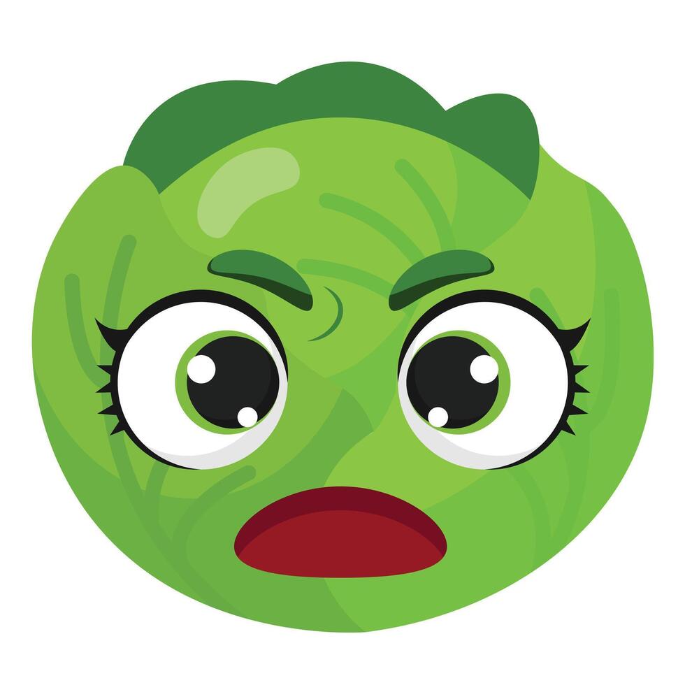 Green cabbage character with angry face expression Fun and expressive vegetable perfect for healthy food content, childrens designs, or emotion-themed illustrations vector