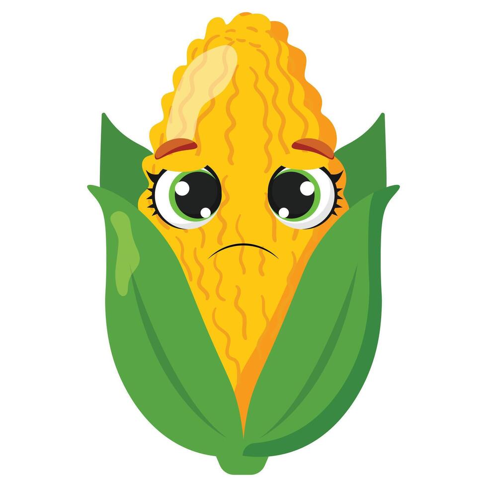 Sad corn with expressive eyes and green husk, ideal for illustrating emotions, food-related content, or educational materials for kids vector
