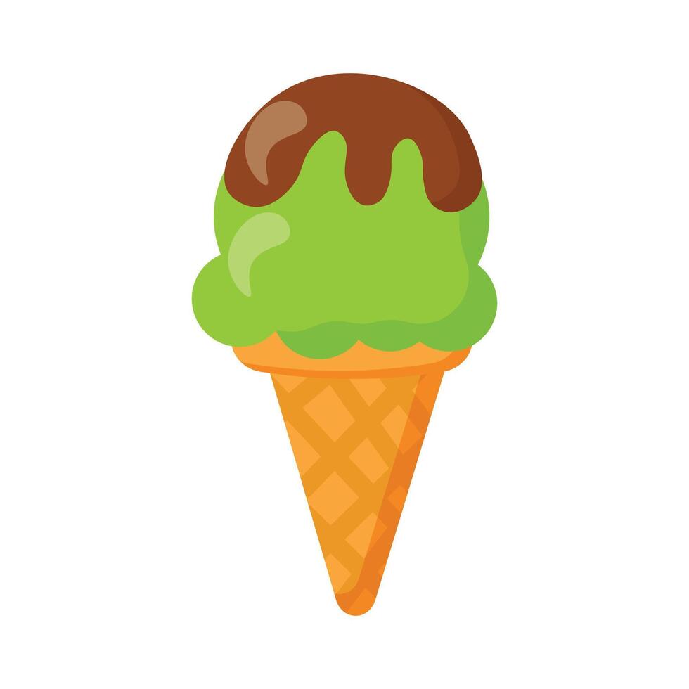 Green ice cream scoop with chocolate topping in waffle cone, ideal for dessert menus, summer designs and sweet treat illustrations vector