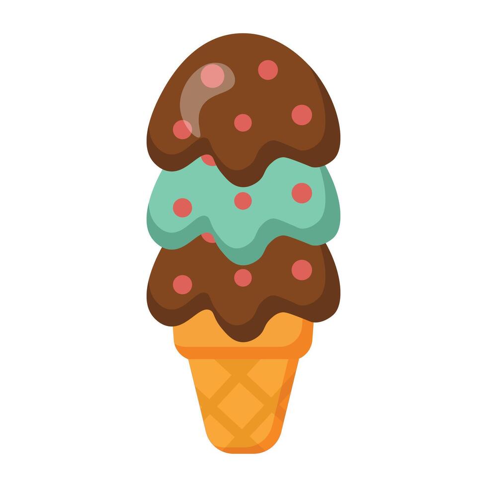 Three-scoop ice cream cone with chocolate topping and sprinkles, ideal for summer-themed packaging, menus, and sweet treat branding vector