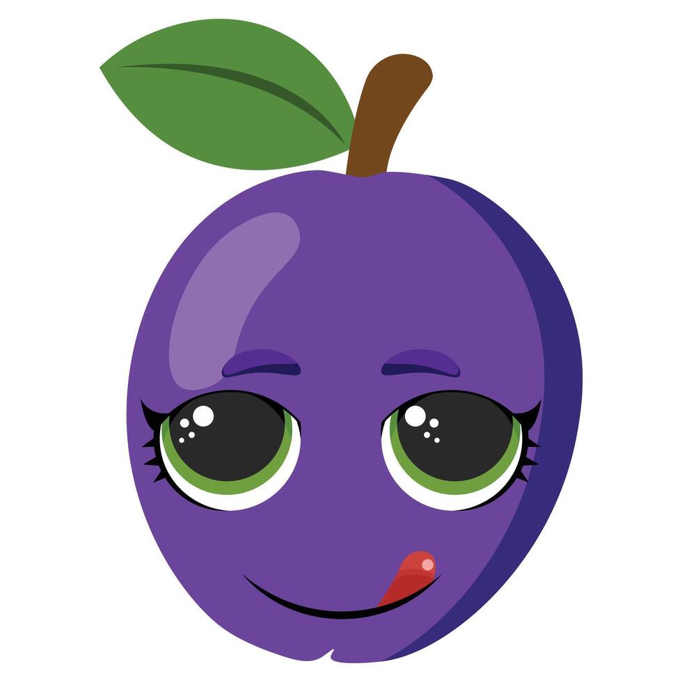Playful purple plum with green leaf and cheeky smile, ideal for healthy food designs, kids products, menus and fresh fruit visuals vector