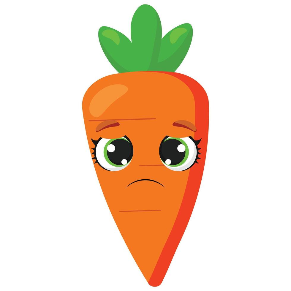 Sad carrot character with expressive eyes and green top, ideal for emotional food illustrations, kids content, and educational vegetable visuals vector
