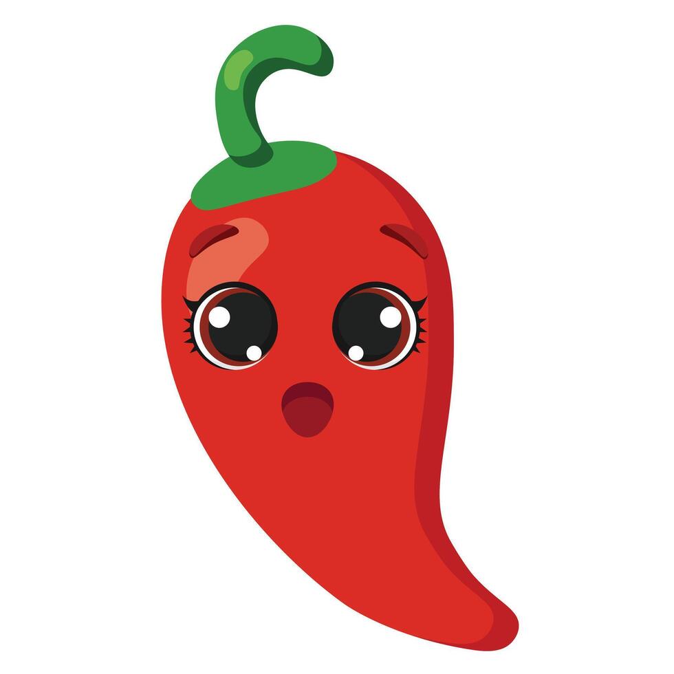 Cute red chili pepper character with big eyes and surprised expression Great for food designs, kids prints, healthy eating concepts and playful branding vector