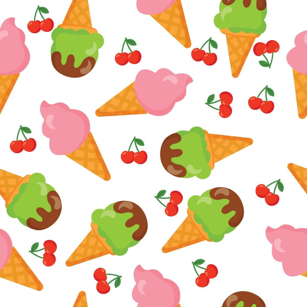 Colorful seamless pattern with cherry ice cream cones, chocolate topping, and cherries on white background for summer packaging and fabric designs vector
