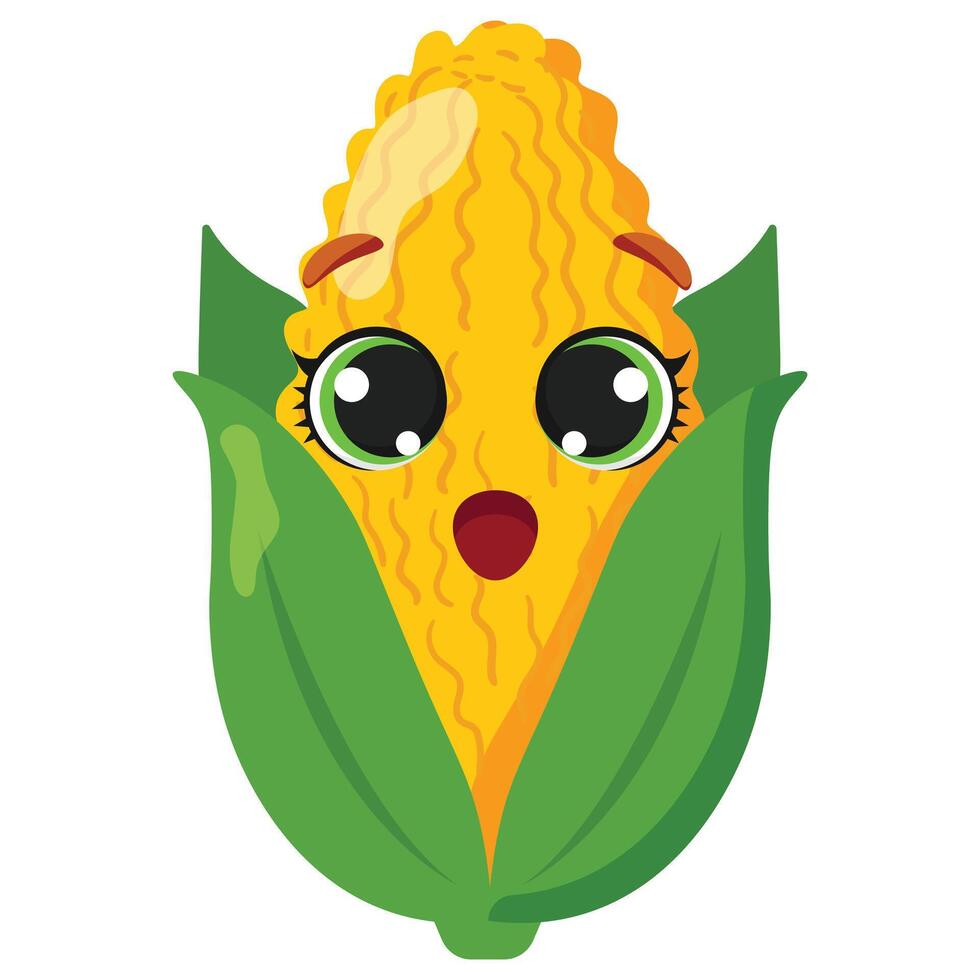 A surprised corn character with a green husk, perfect for food projects, children's books, health food promotion and agricultural themes vector