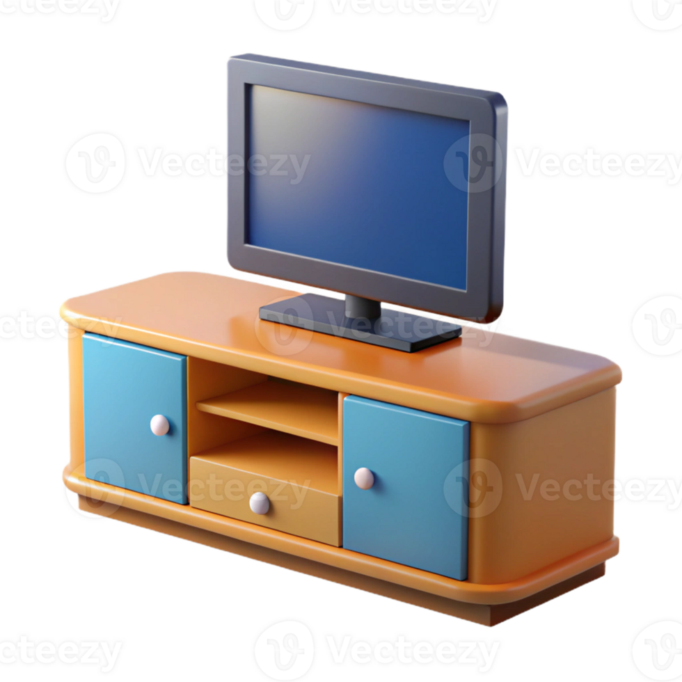 tv stand with blue and orange drawers and a flat screen png