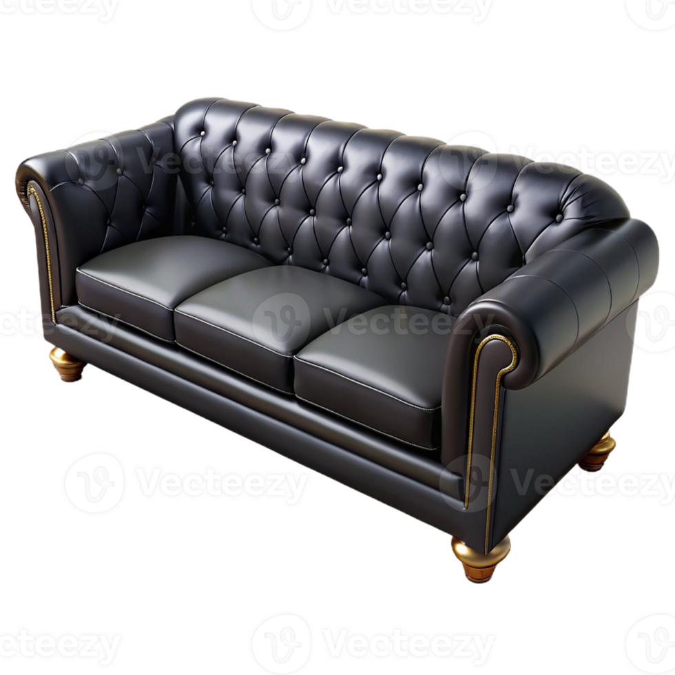 Luxury Black Chesterfield Sofa, Shiny Black Leather, 3D Model, Transparent Background png
