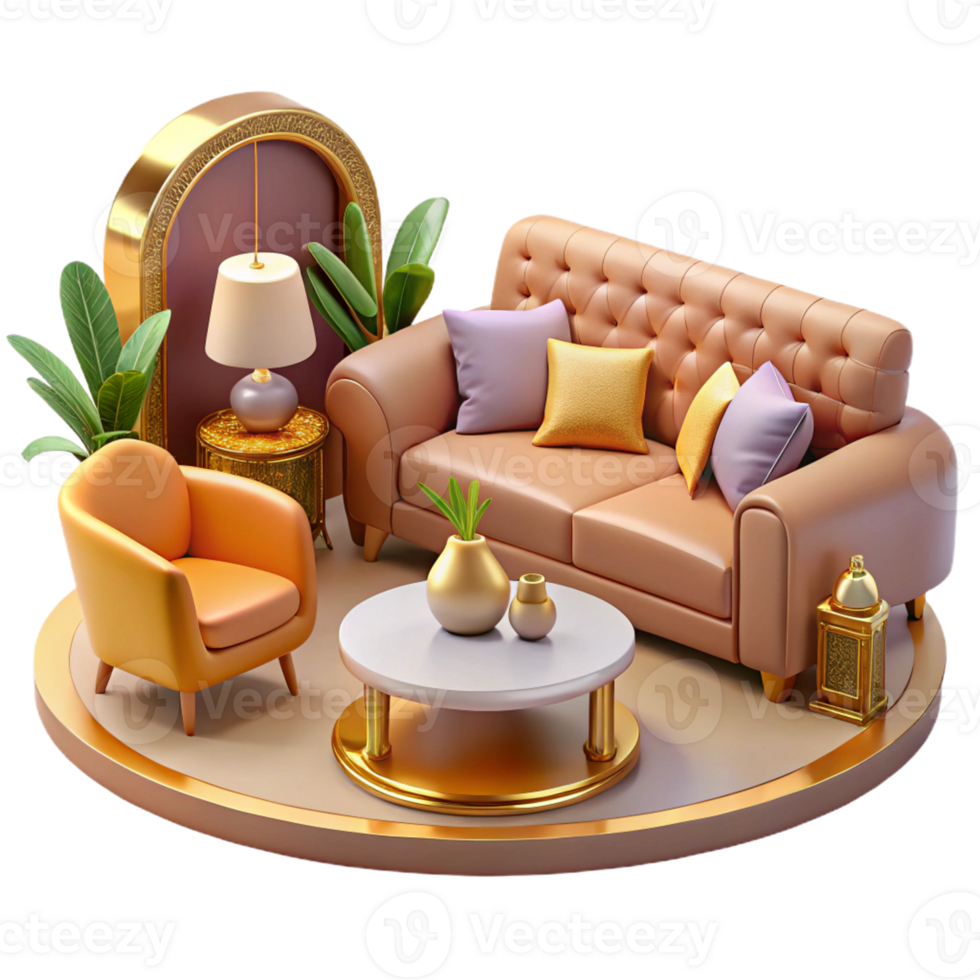 3d model of a living room with a couch, coffee table and lamp png