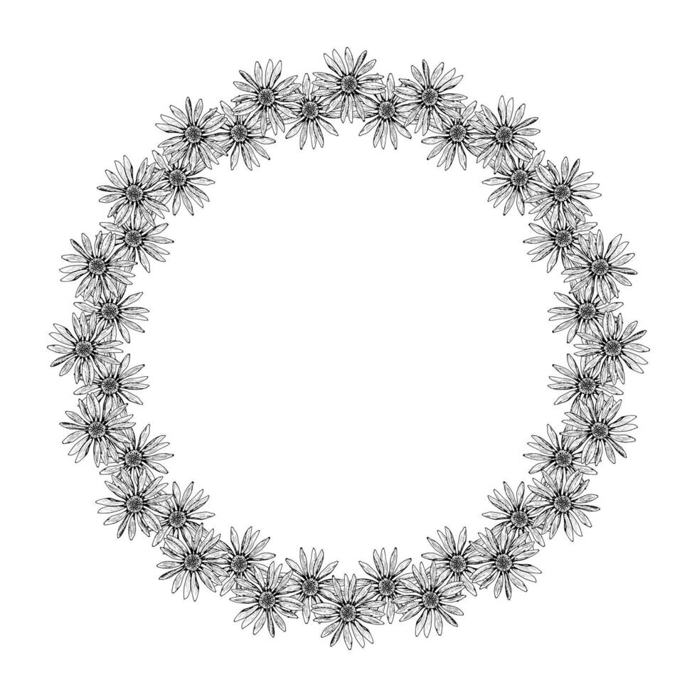 Round floral wreath made of hand drawn wildflowers such as chamomile, echinacea, calendula and rudbeckia. Botanical black and white frame perfect for cards, invitations, and eco packaging. vector