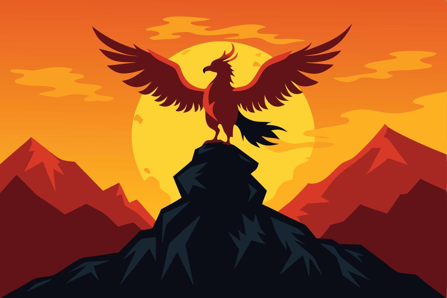 Majestic Silhouette of a Phoenix Rising Atop a Mountain Peak vector