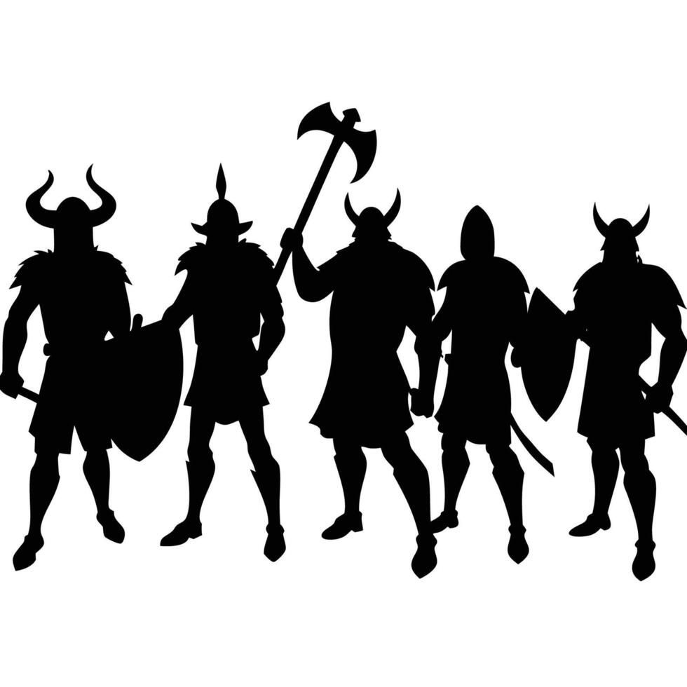 Silhouette of Six Fierce Viking Warriors Unleashing the Power of the Nordic Seas vector