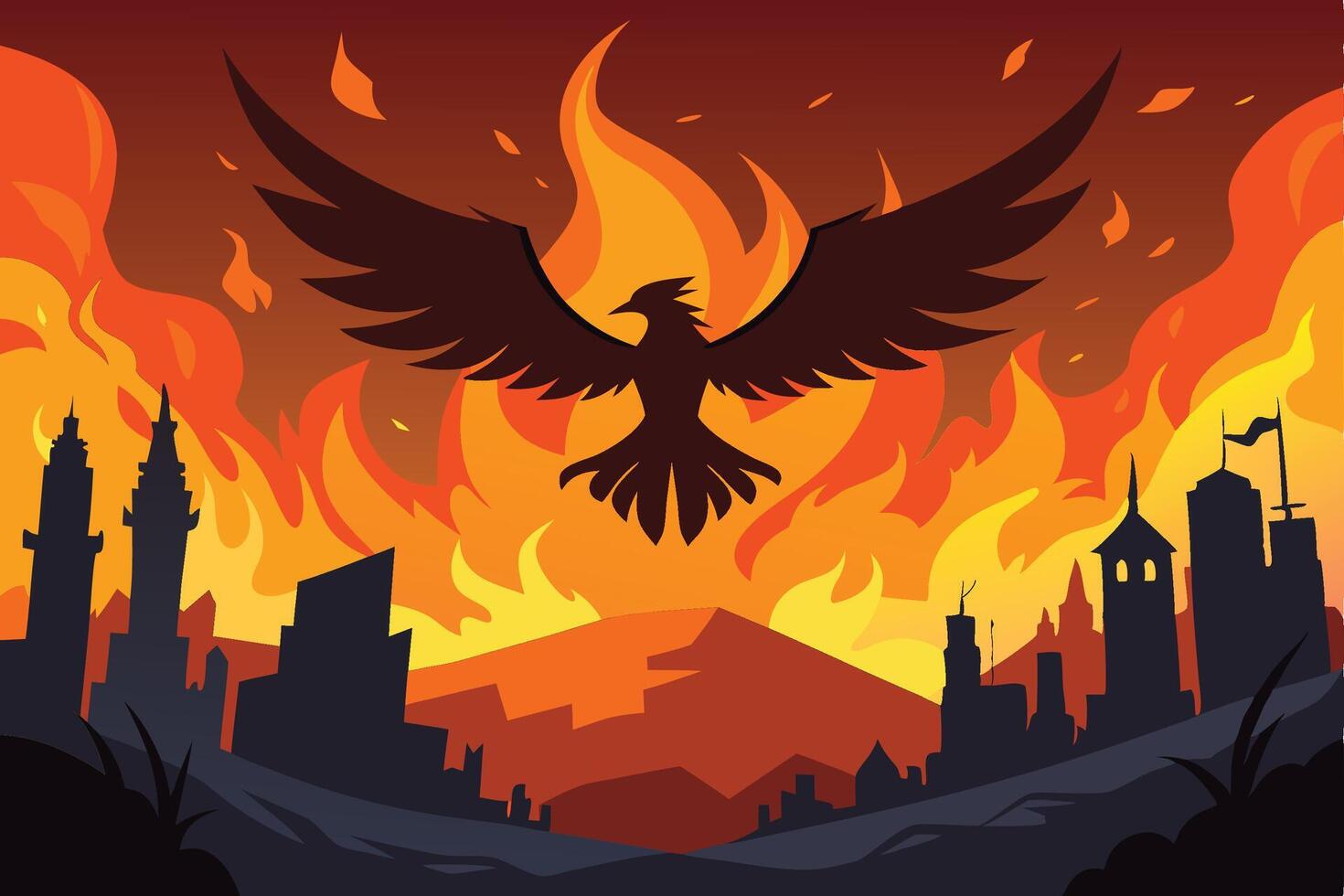 Fiery Phoenix Ascending from Blazing Urban Ruins vector