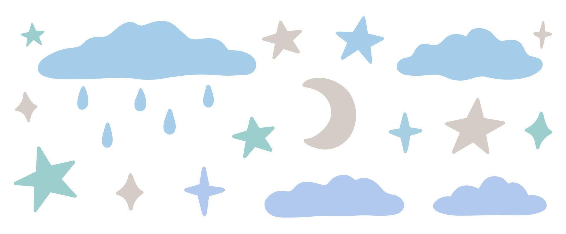 A set of elements of nature - clouds, stars, a crescent moon isolated on a white background. hand-drawn illustration in a flat style. Perfect for decorations, logo, various designs. vector