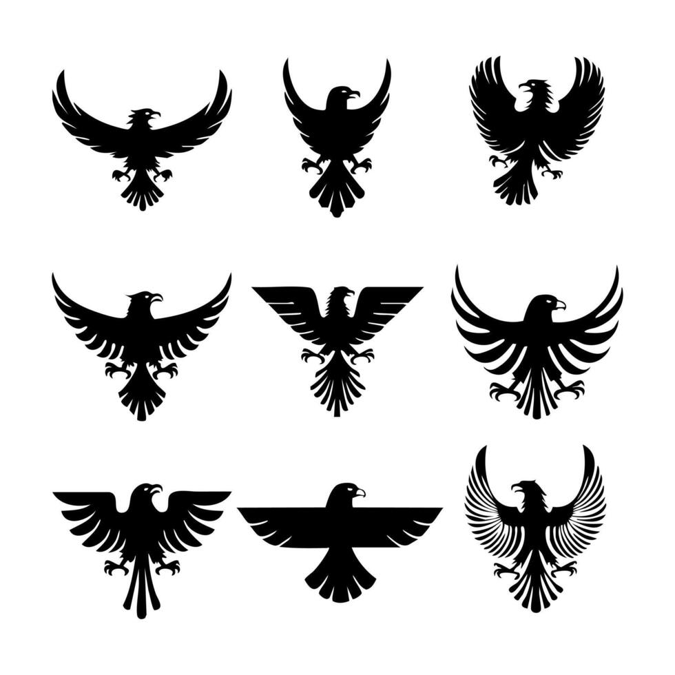 Nine bold black eagle silhouettes with spread wings in a powerful, symmetrical minimalist heraldic design. vector