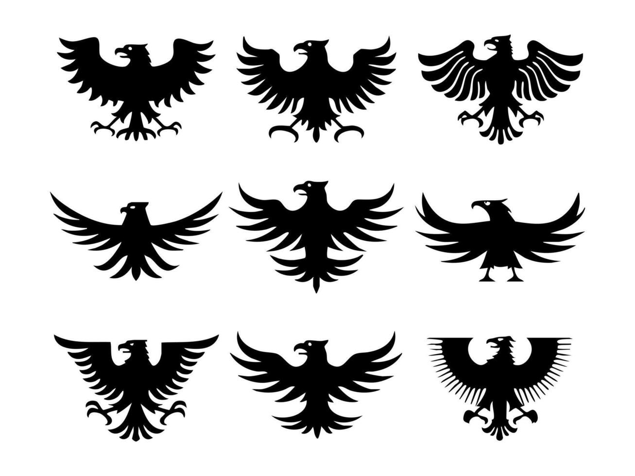 Set of nine black eagle silhouettes with spread wings in bold minimalist heraldic style and powerful symmetrical pose vector