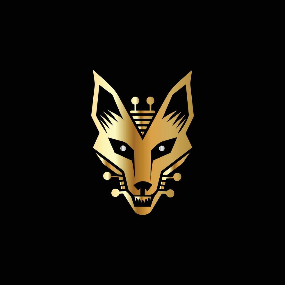a golden fox head on a black background. Technology Monogram design template Business sign identity label wolf head logo design vector