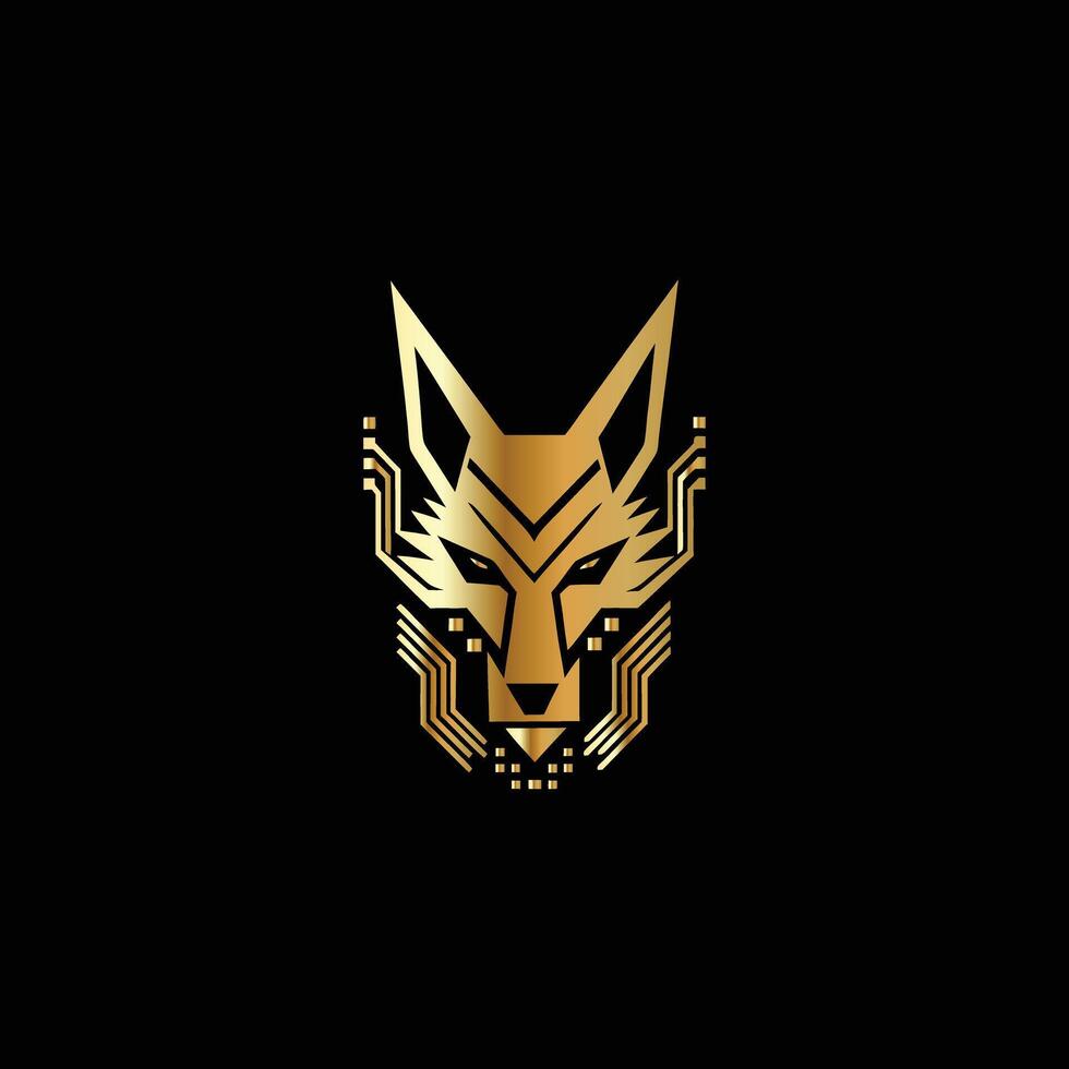 a golden fox head on a black background. Technology Monogram design template Business sign identity label wolf head logo vector