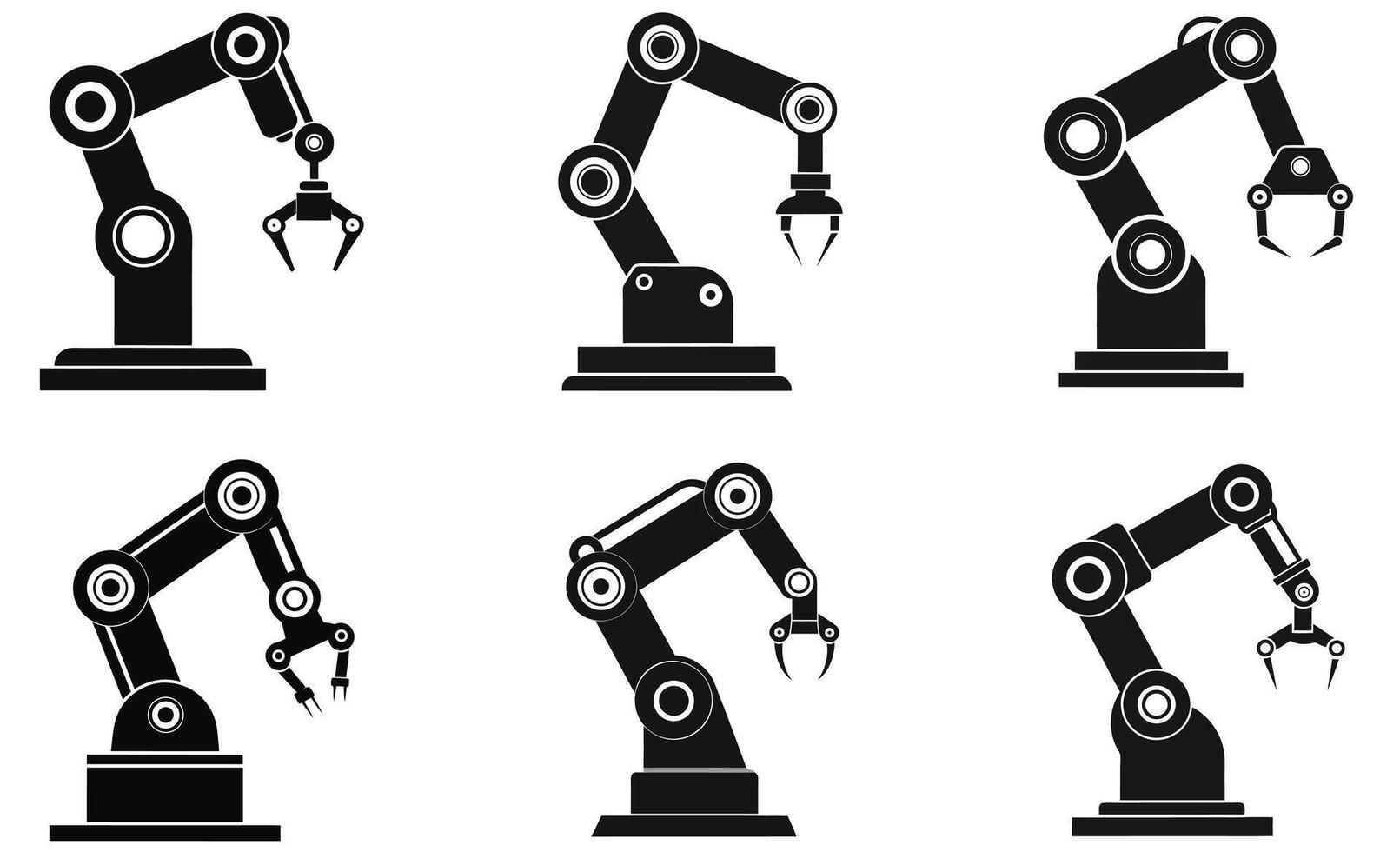 Set of black robotic arm silhouettes with gripper hands, isolated on white background vector