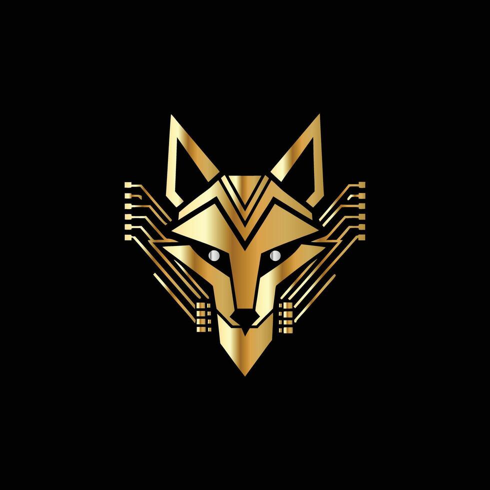a golden fox head on a black background. Technology Monogram design template Business sign identity label vector
