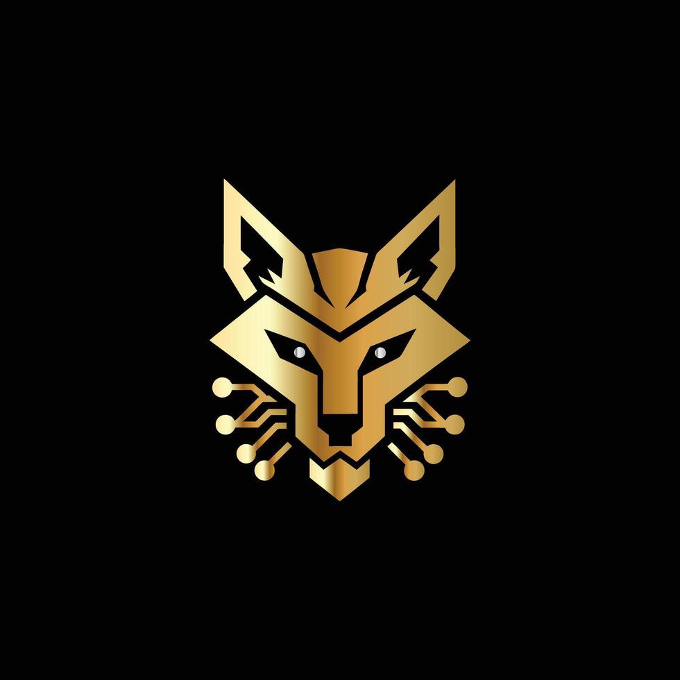 a golden fox head on a black background. Technology Monogram design template . vector