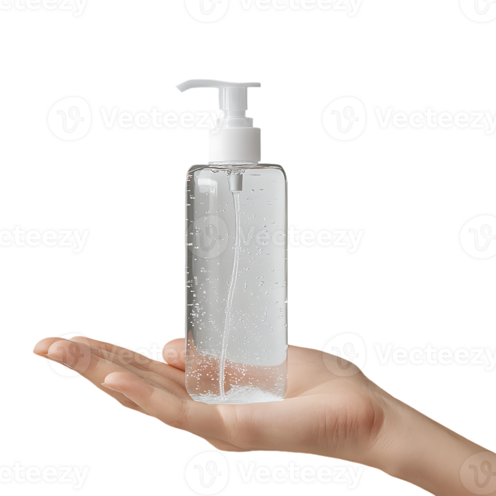 Hand holding a bottle of hand sanitizer on a transparent background png