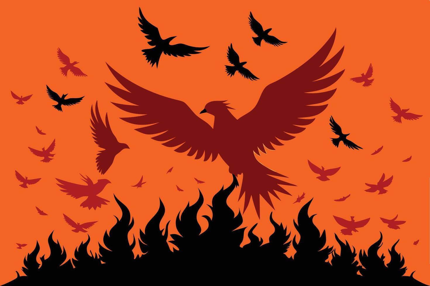 Majestic Phoenix Soaring Beside a Flock of Birds vector