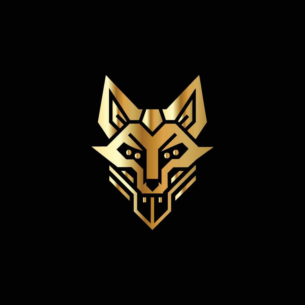 the golden fox logo on a black background. Technology Monogram design template Business sign identity label wolf head vector