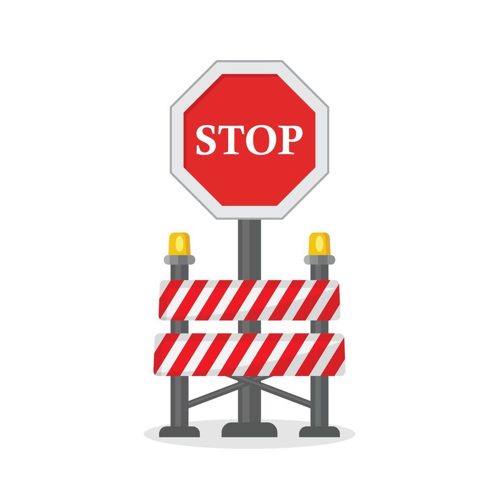 Stop sign with barricade and traffic cones on white background vector