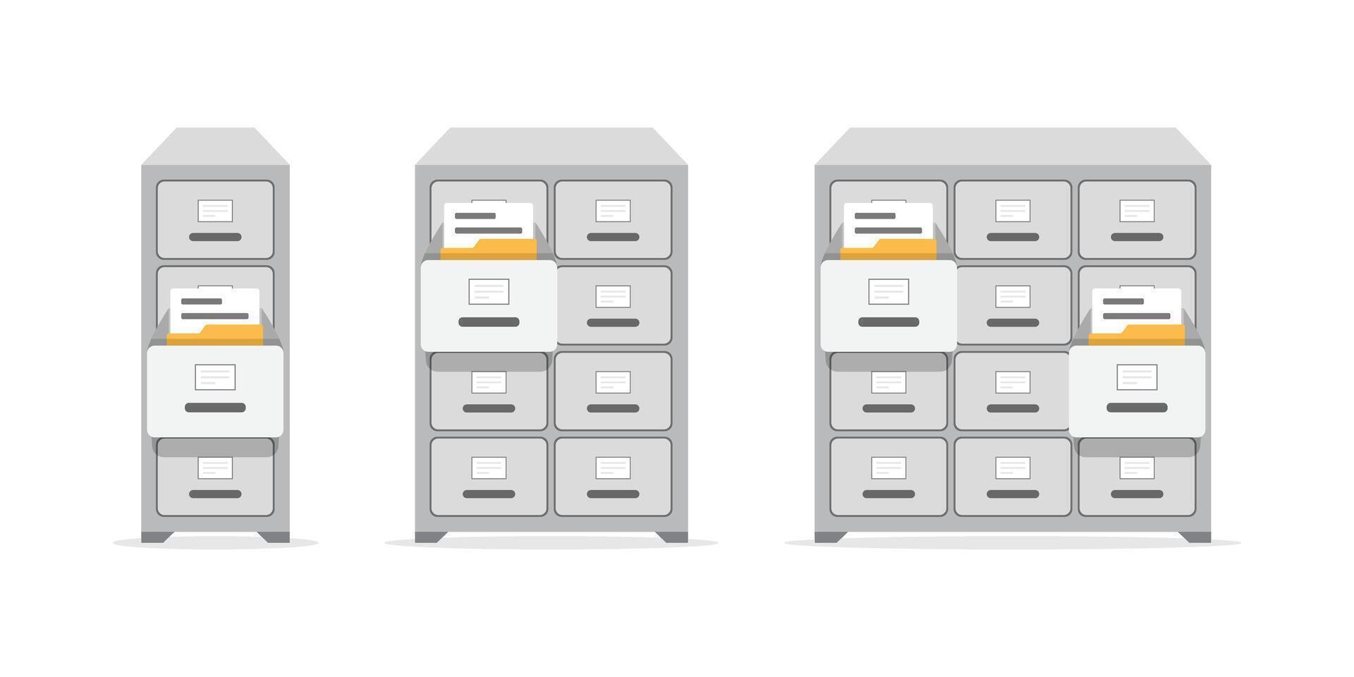 Three filing cabinets with files on top vector