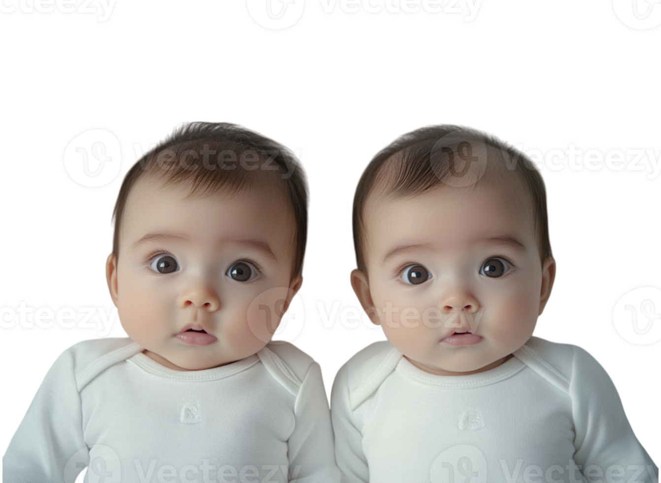 Twin babies with cute expressions in matching outfits png
