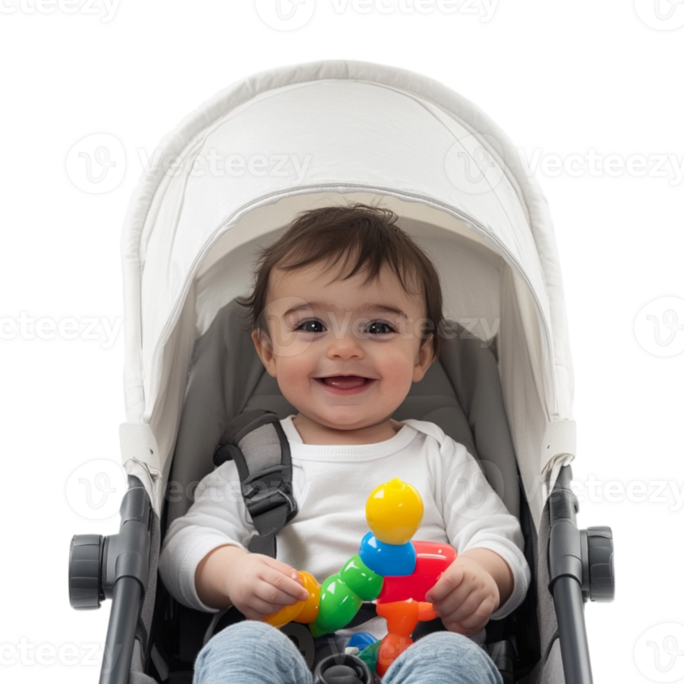 Smiling Baby in a Stroller Holding a Colorful Toy png