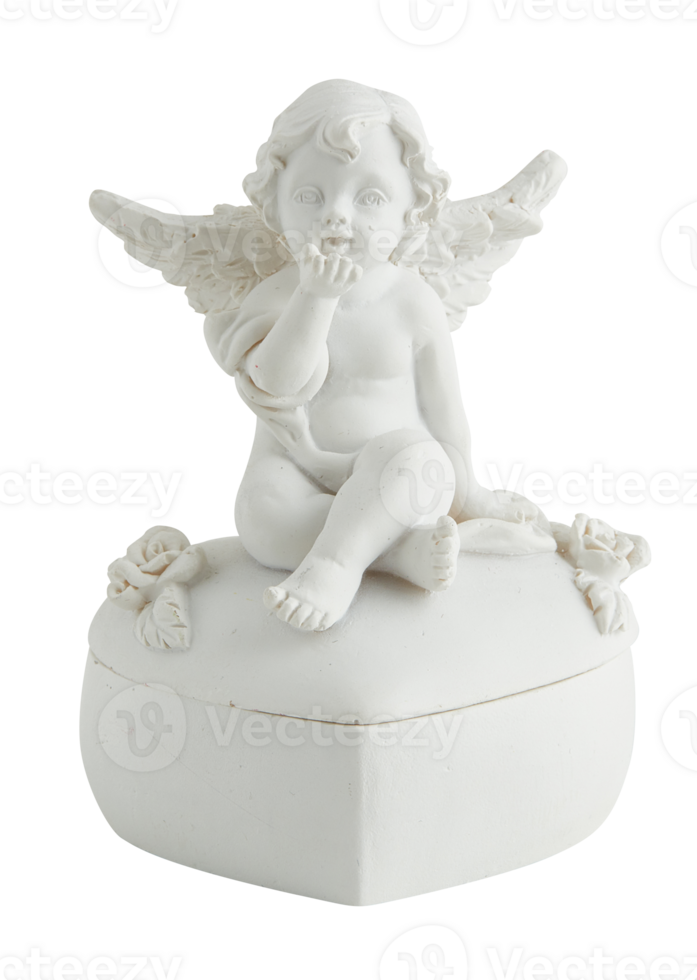 plaster statue of a winged Christmas angel child sitting on a white heart shaped box cut out isolated transparent background png